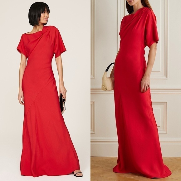 CO One Shoulder Asymmetrical Drape Short Sleeve Bias Cut Ribbed Cady Maxi Gown M